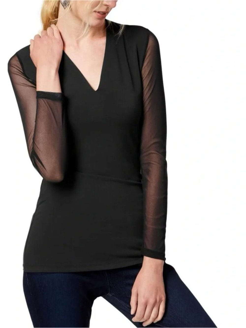 INC Black Long Sleeve V-Neck Top Sheer Mesh XS NWOT